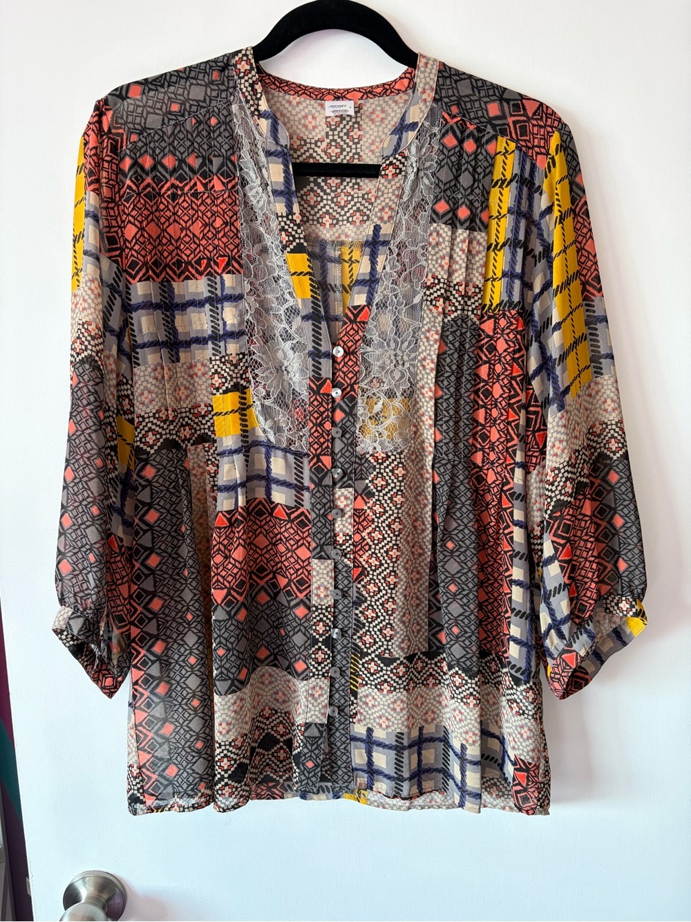 Jockey Multicolor Printed Button-Front Top with Lace Trim